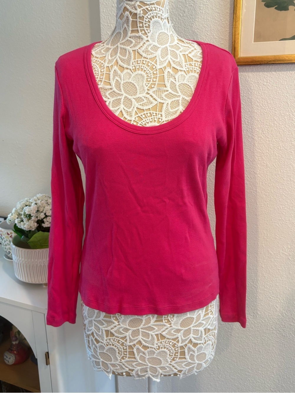 Boden Ribbed Scoop Neck Long Sleeve Top - Fuchsia Pink size L